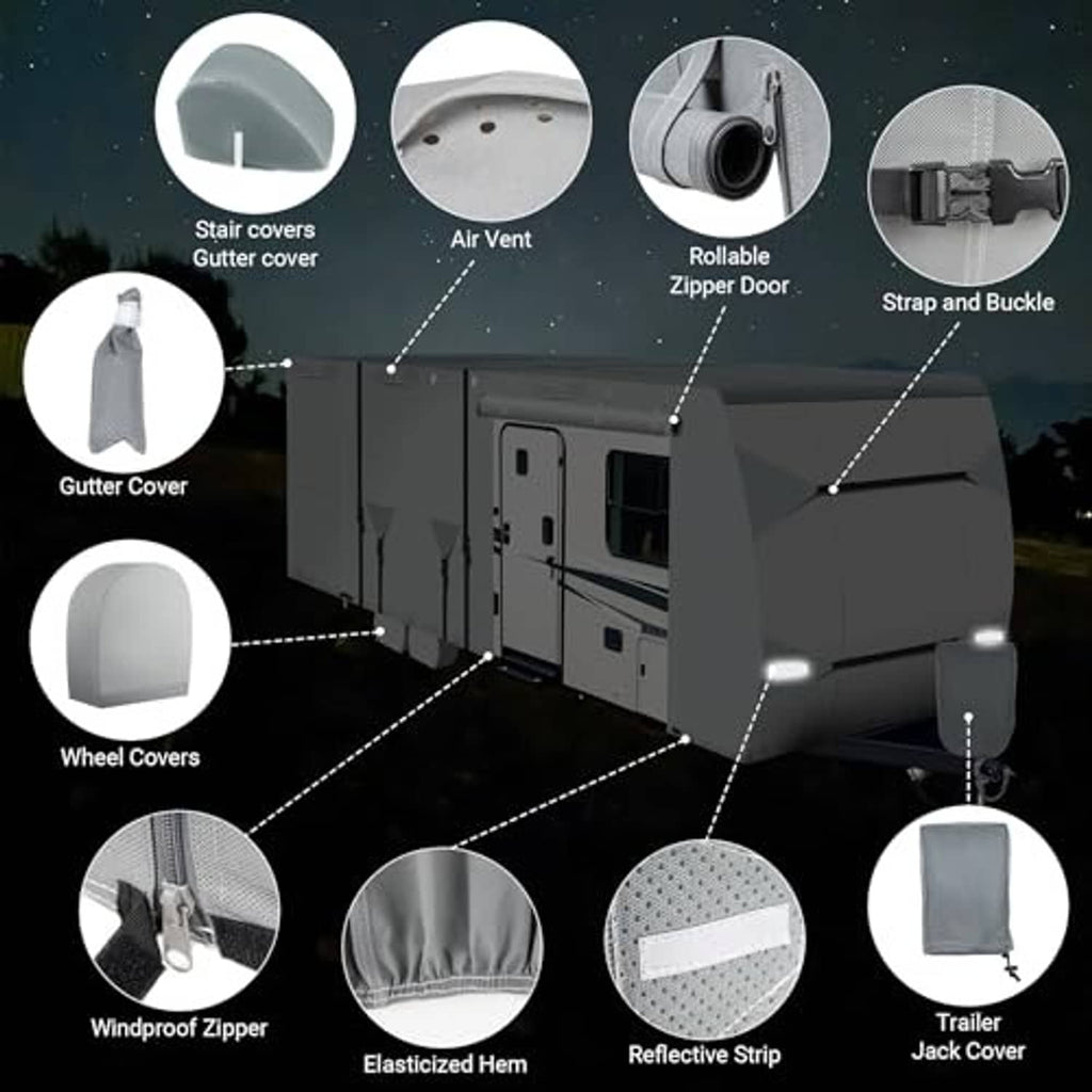 Gray travel trailer RV cover with zipper door, reflective strip, and accessory covers