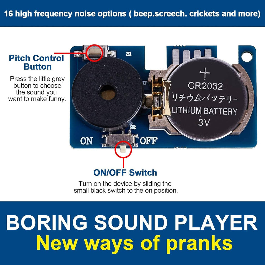 Electronic noise maker circuit board with dark speaker disc, CR2032 battery and pitch control