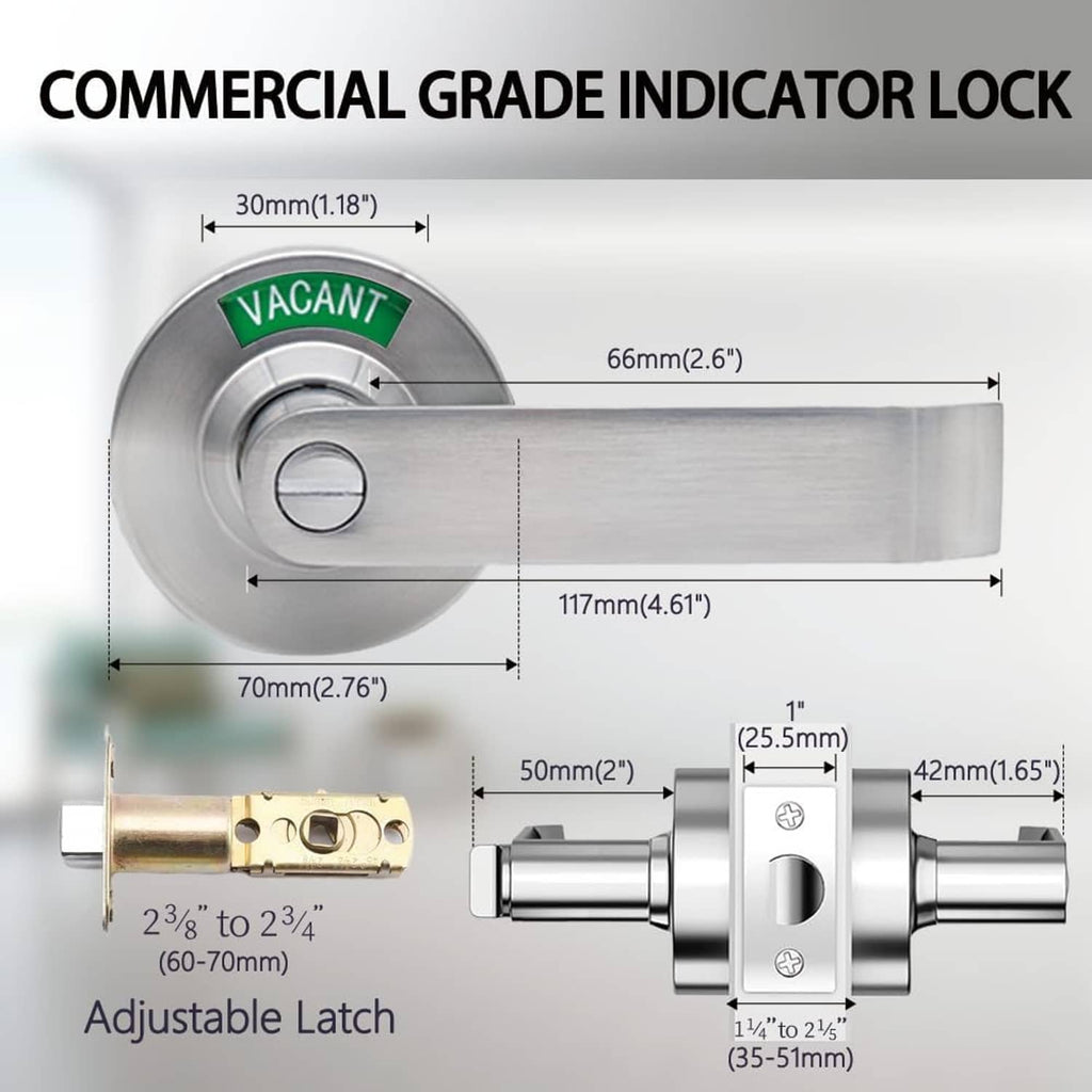 Bathroom indicator door lock with vacant label and adjustable latch shown