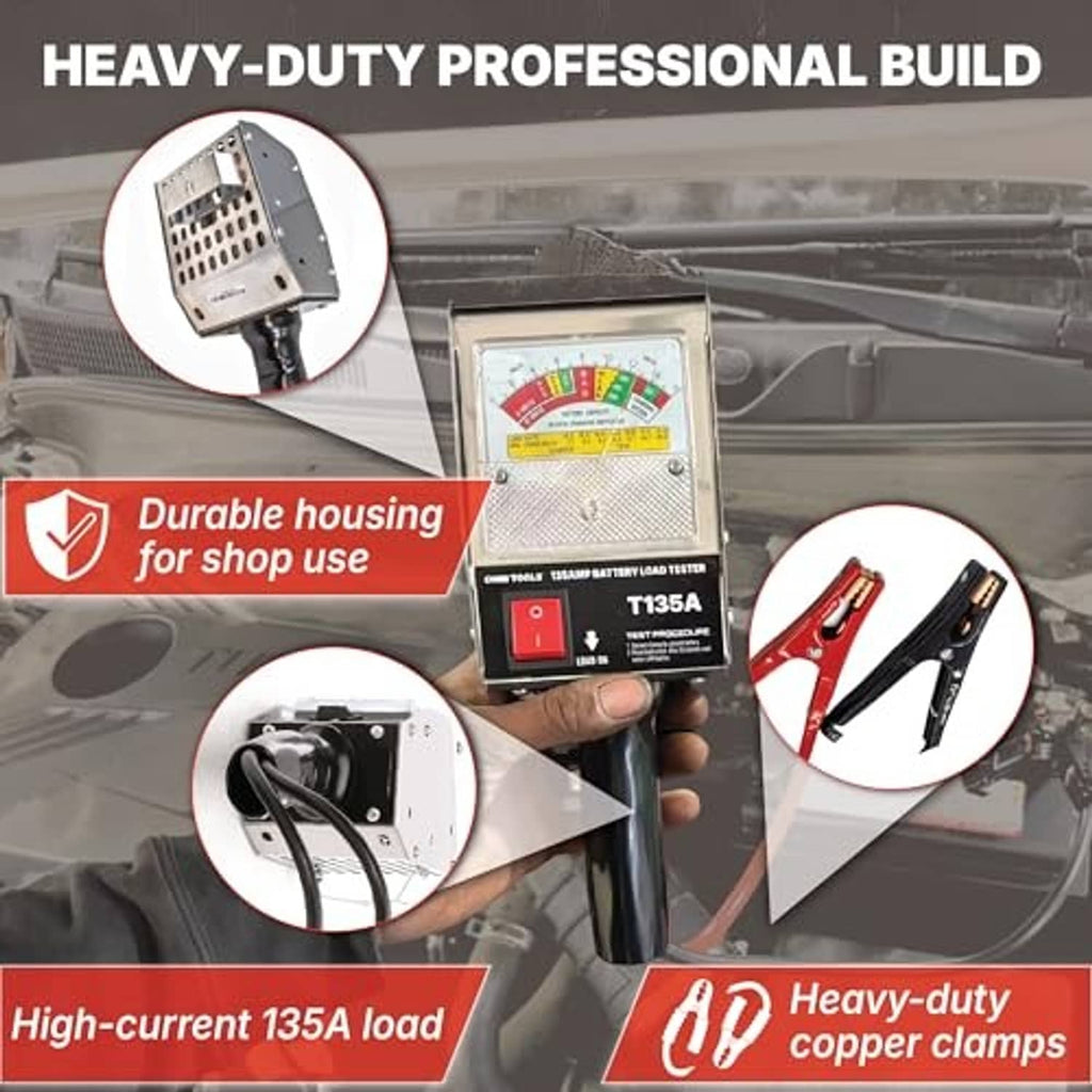 Battery load tester with sturdy housing and heavy-duty copper clamp leads, gauge face