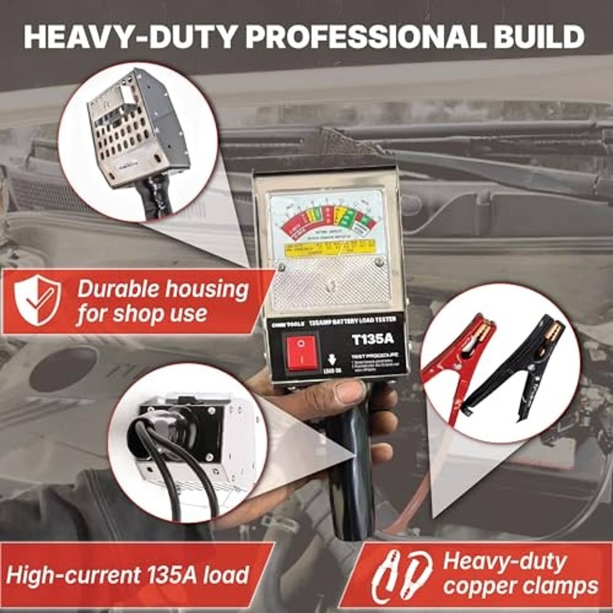 Battery load tester with sturdy housing and heavy-duty copper clamp leads, gauge face