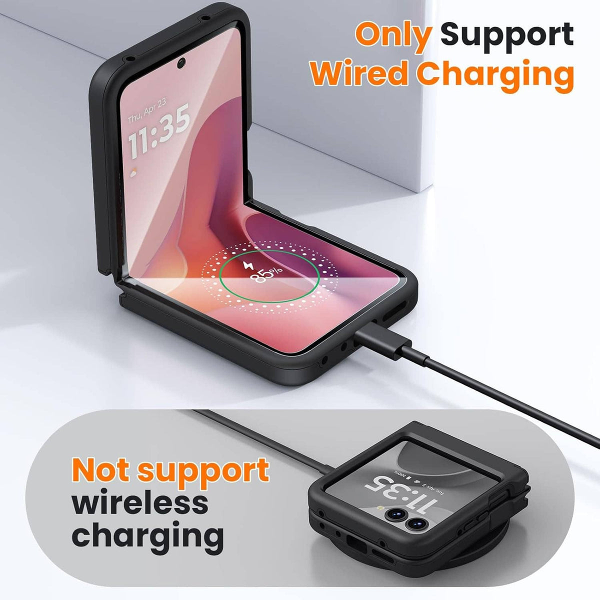 Black folding phone case with wired charging port cutout