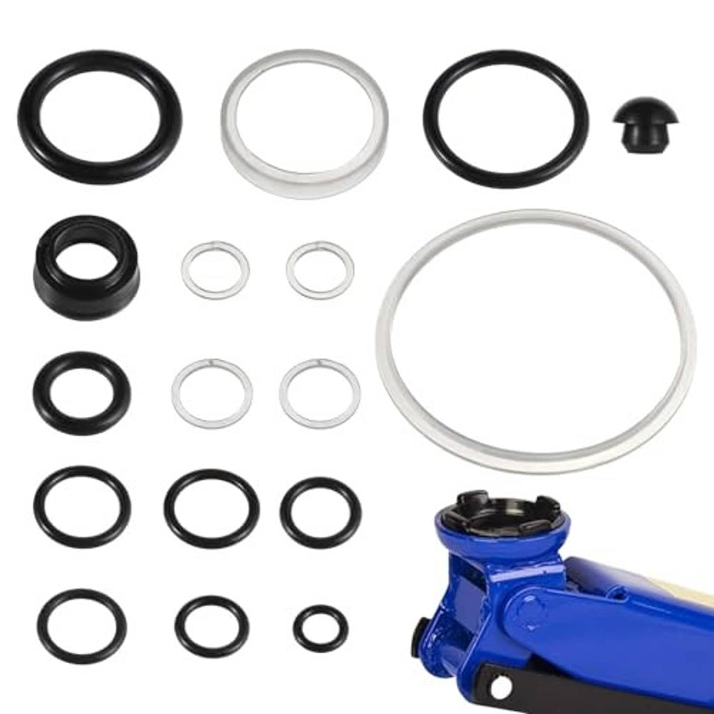 Hydraulic jack seal kit with assorted black and white O-rings and a large circular seal
