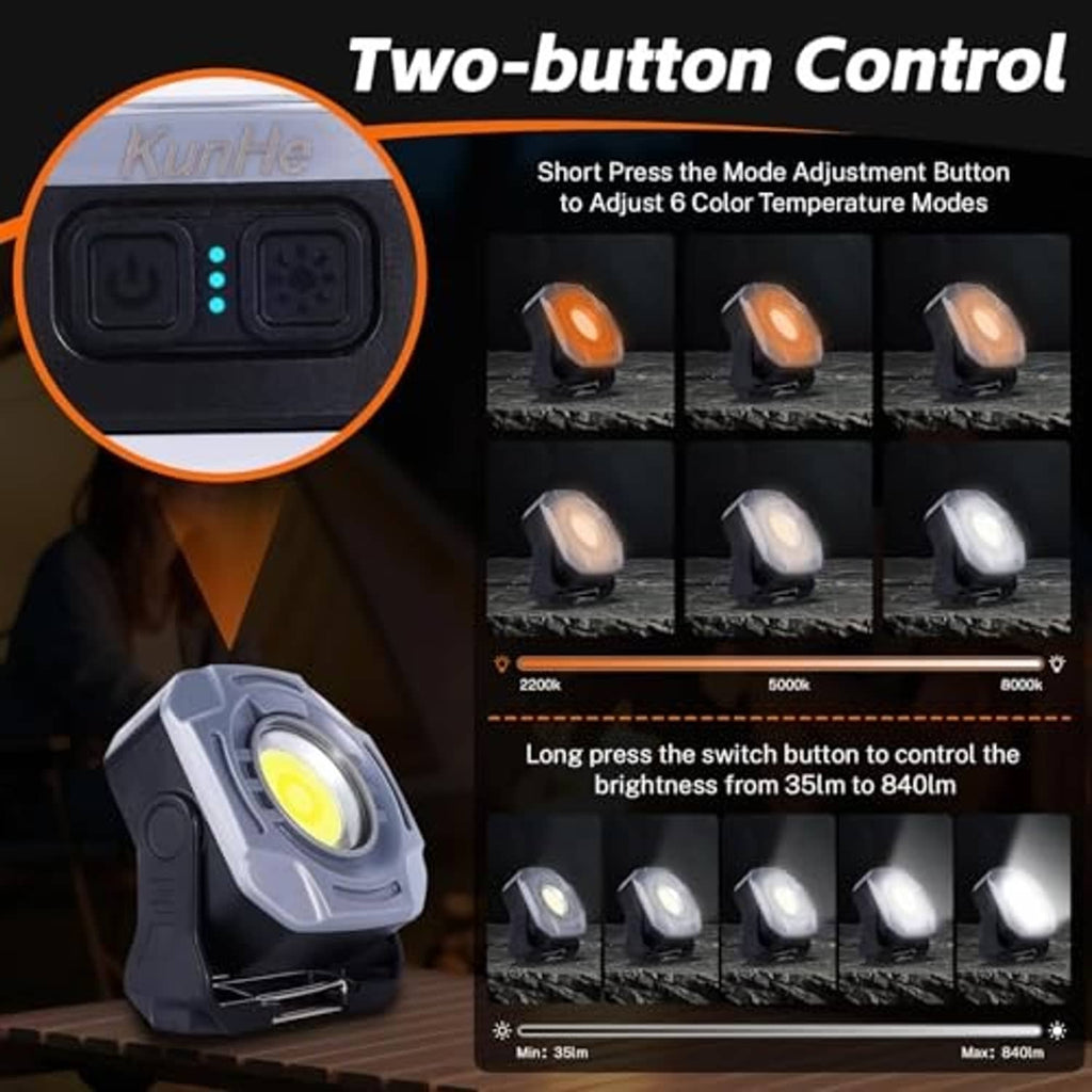 Gray work light with two-button control panel next to the circular LED head