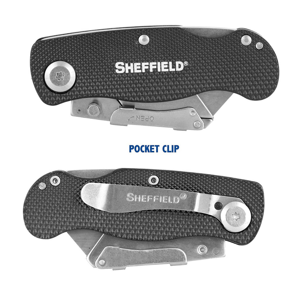 Folding utility knife with pocket clip; black textured handle; quick-change blade