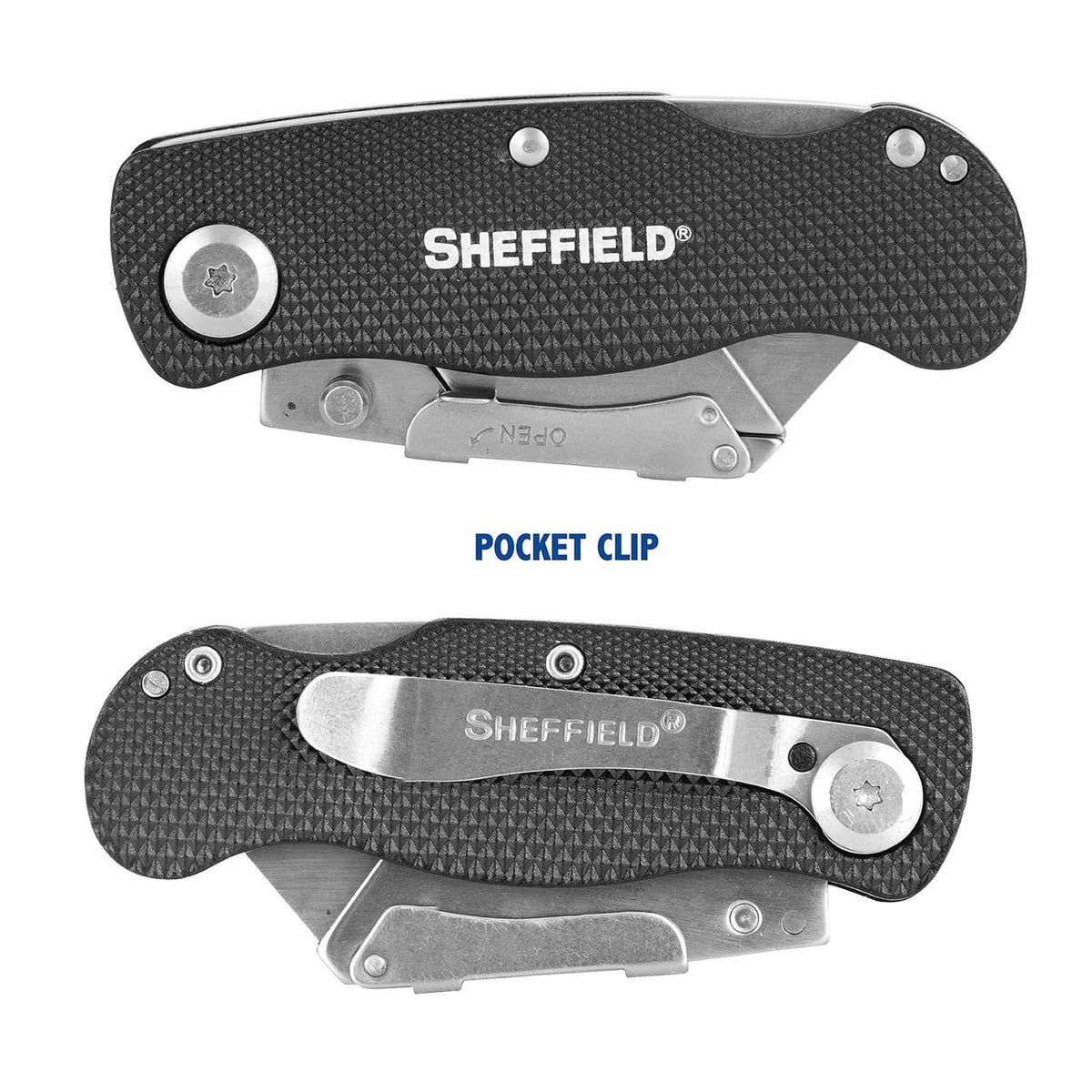 Folding utility knife with pocket clip; black textured handle; quick-change blade