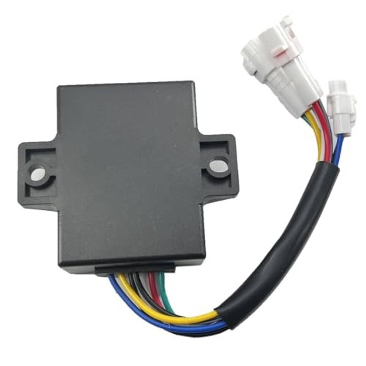 Black CDI ignition control box with wiring harness and multi-color wire leads
