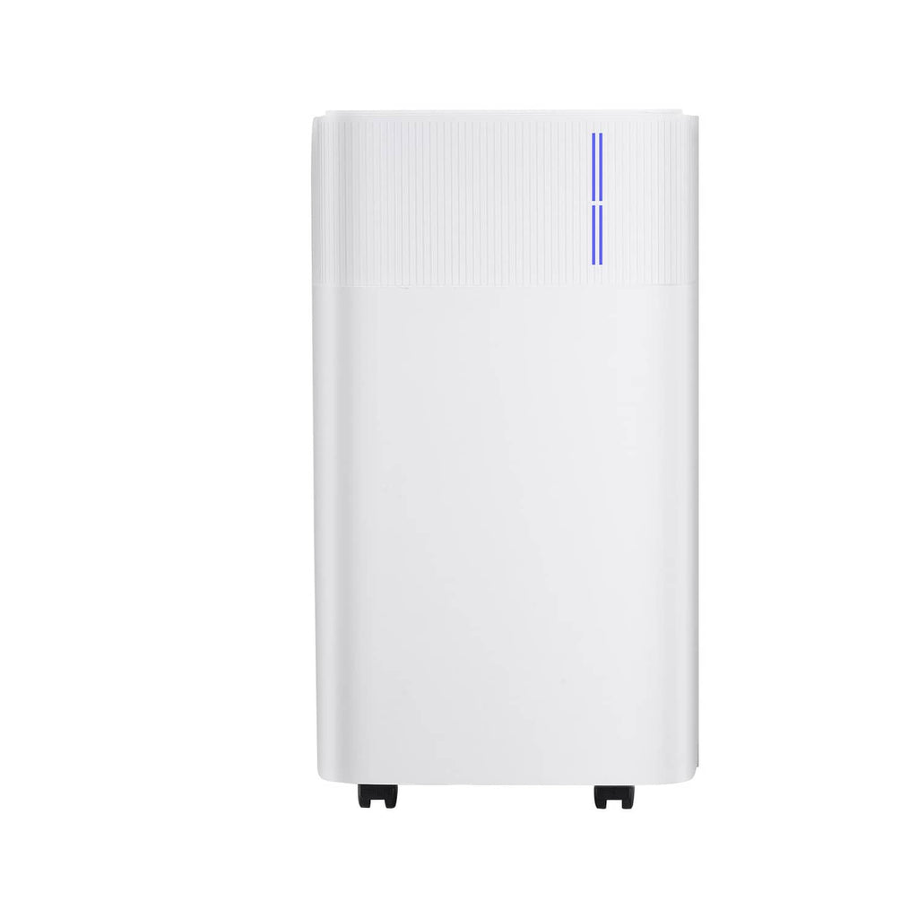 White 30-pint dehumidifier with blue indicator strip and front vented grille