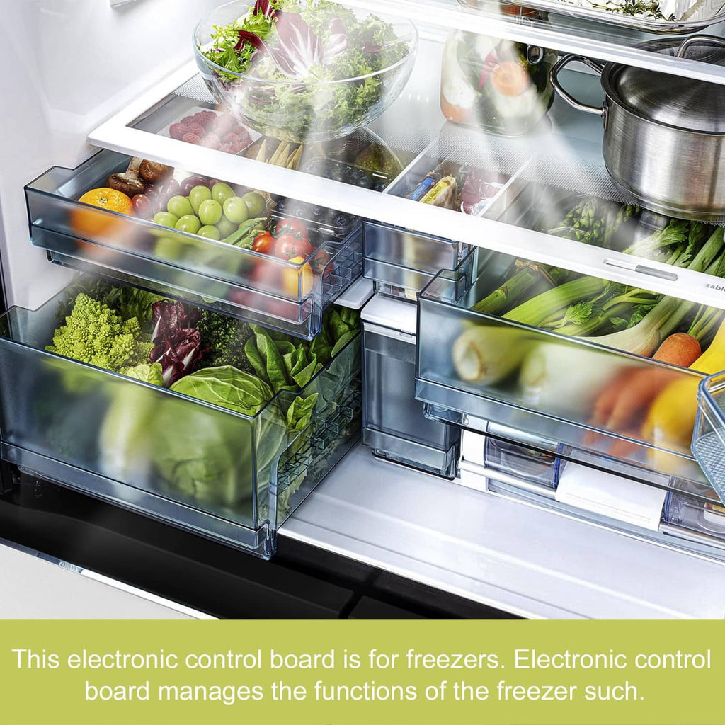 Open freezer interior with clear drawers and shelves for food storage