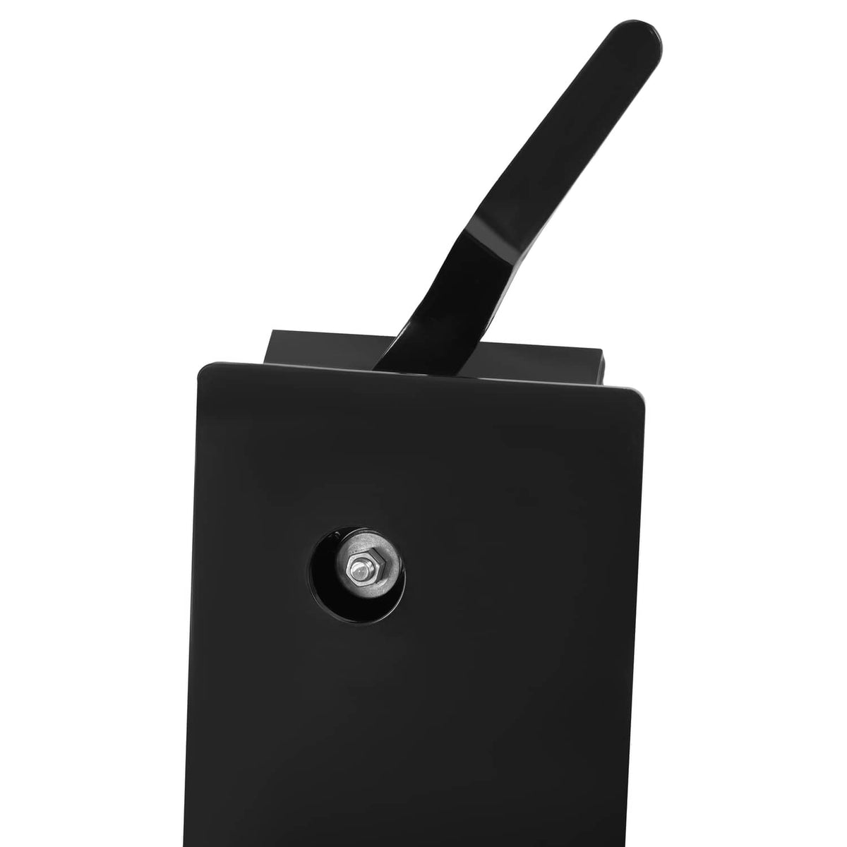 Black quick attach adapter end plate with central bolt and curved handle