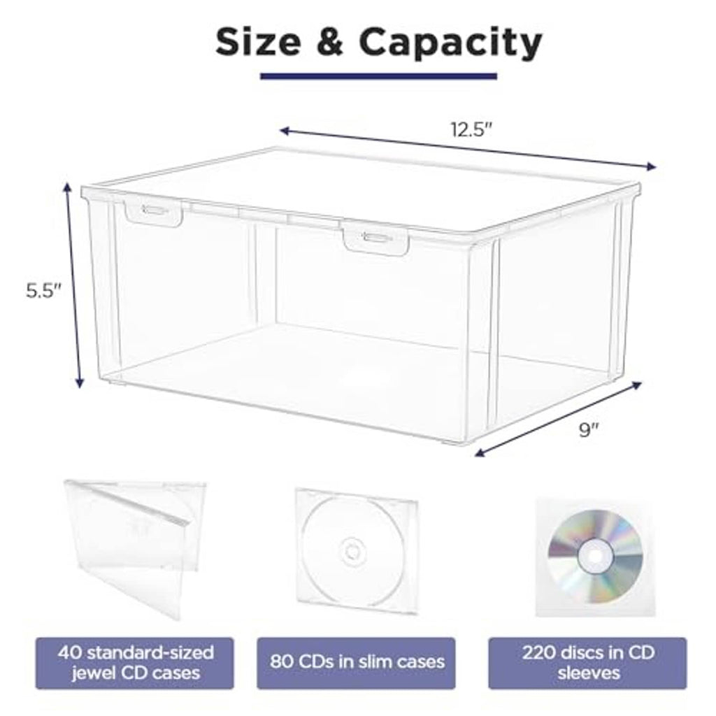 Clear CD storage box dimensions 12.5 x 9 x 5.5 in; capacity up to 40+ CDs