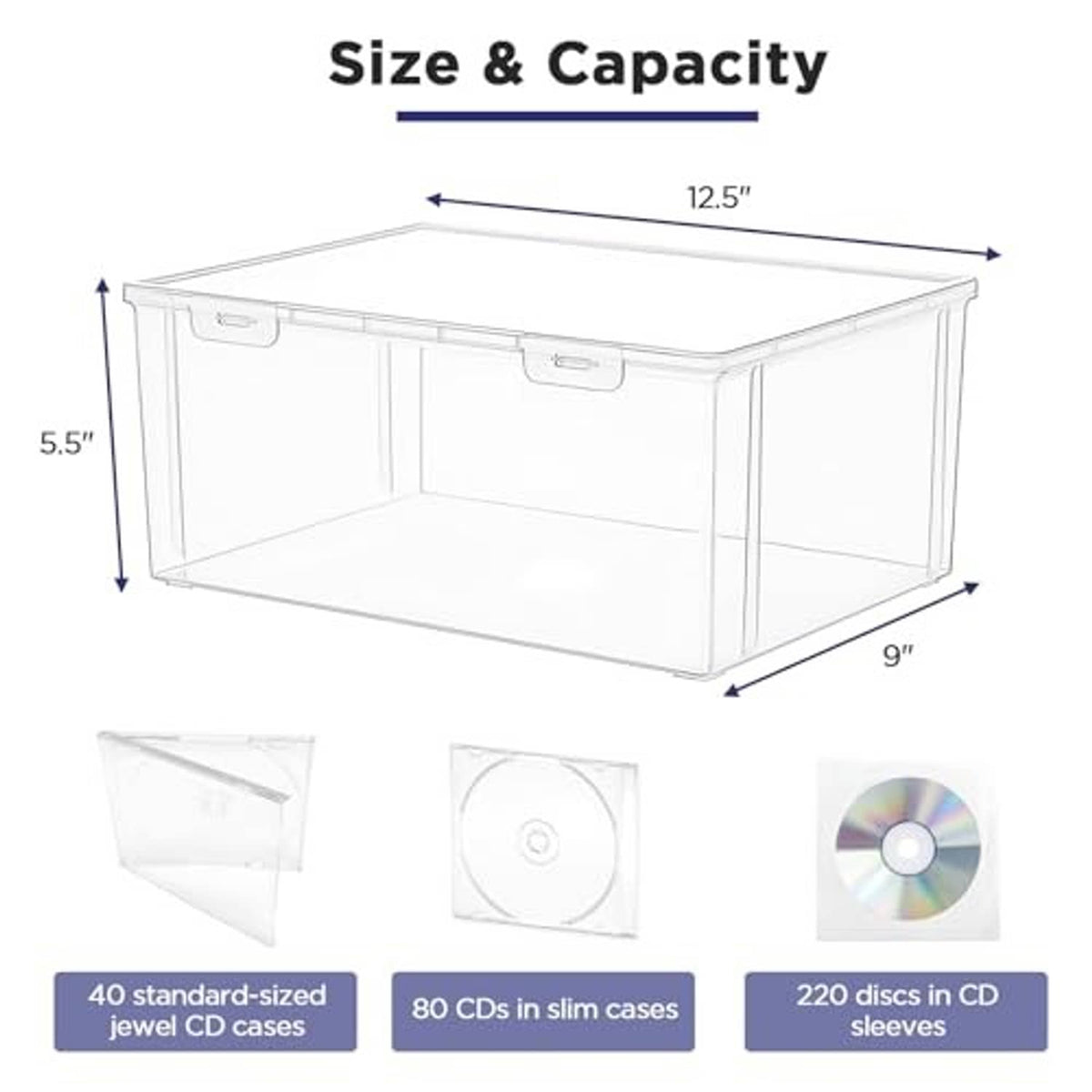 Clear CD storage box dimensions 12.5 x 9 x 5.5 in; capacity up to 40+ CDs
