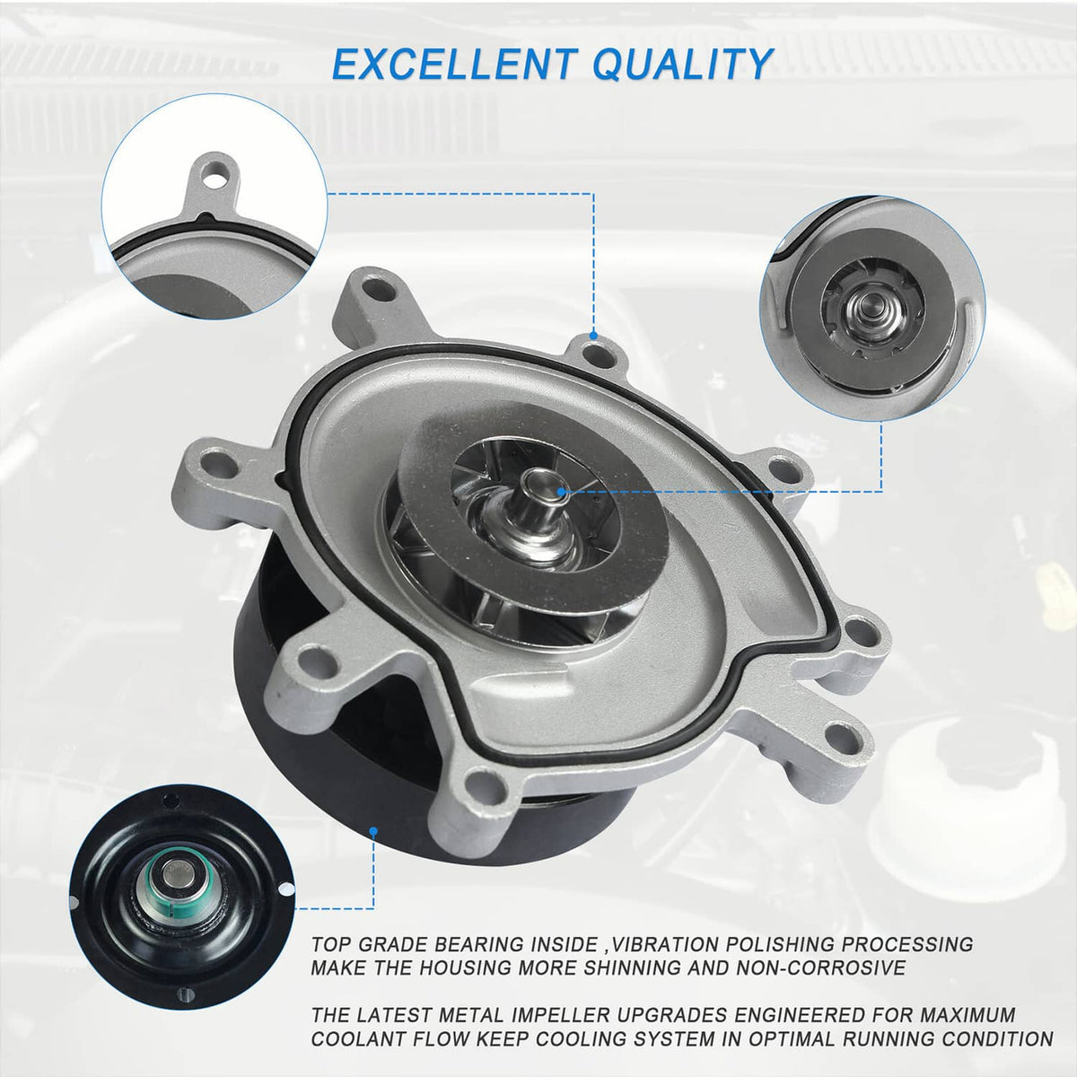 Engine water pump assembly with black top cover, green-sealed center, and silver sides