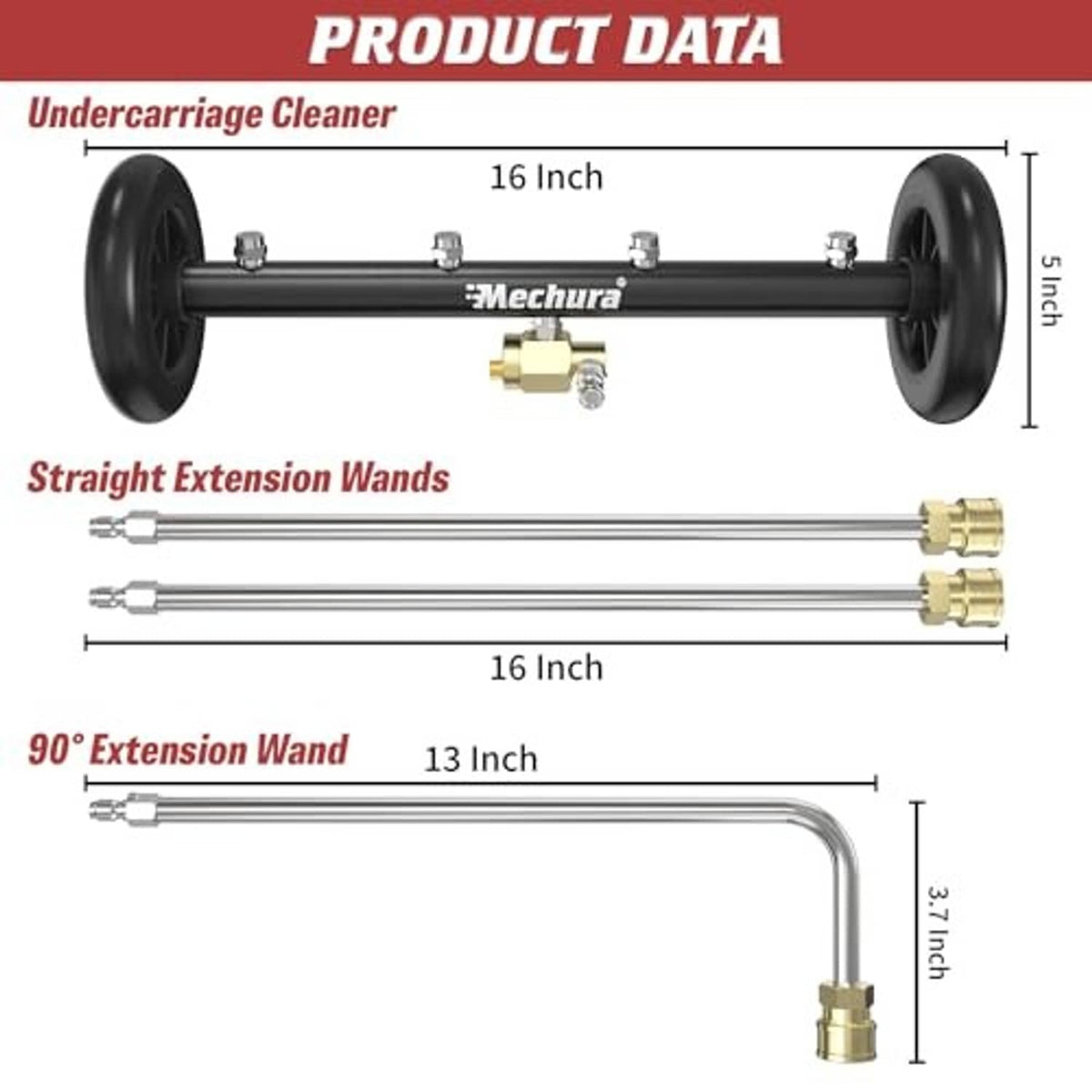 Undercarriage cleaner bar with wheels, straight extension wands, and 90 degree extension wand