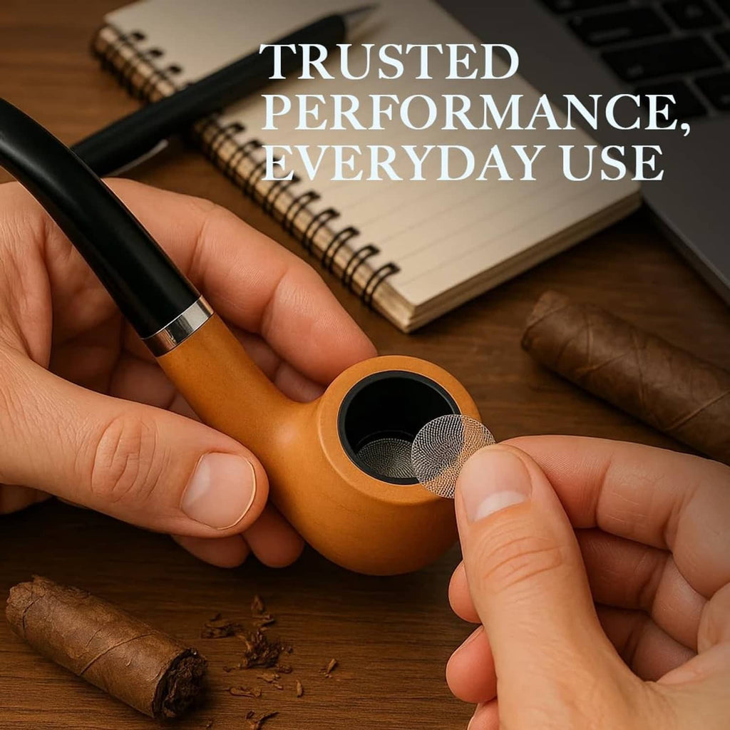Stainless steel mesh pipe screen inside a brown pipe bowl for use.