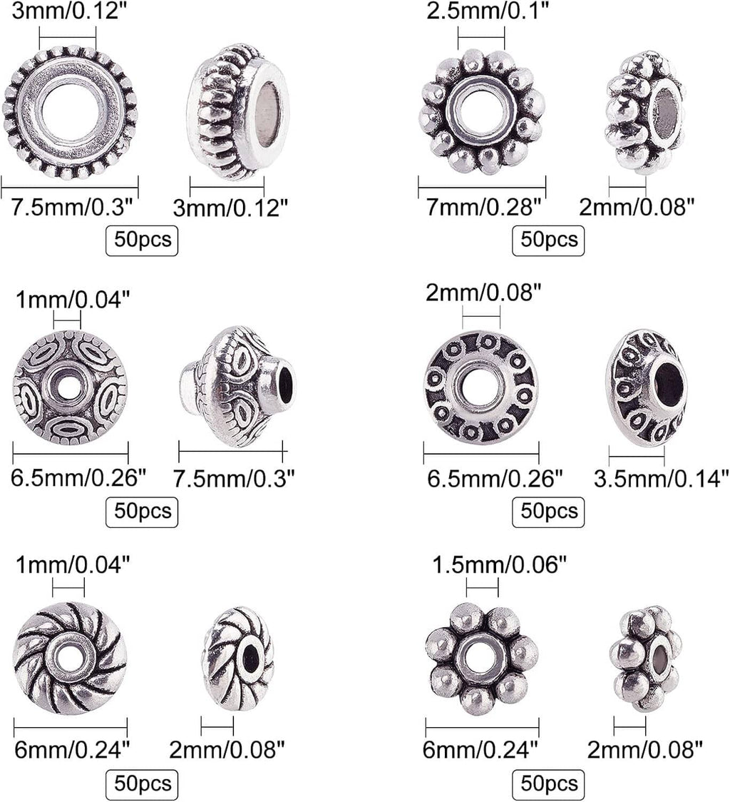 Assorted antique silver spacer beads, circular tube styles with textured etched rims