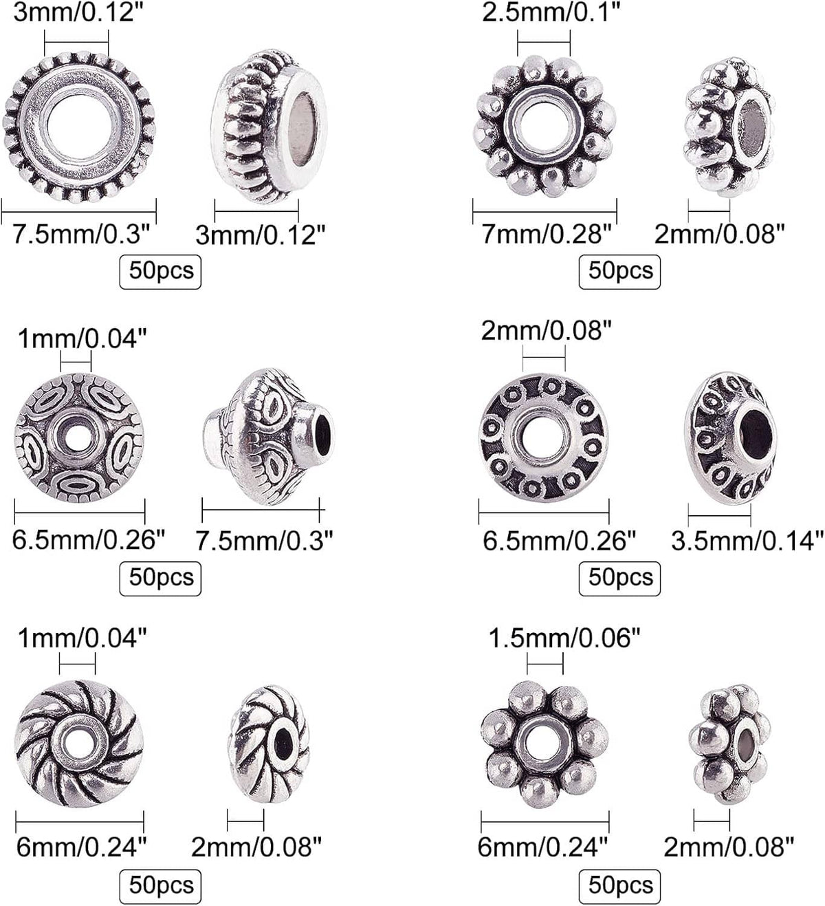 Assorted antique silver spacer beads, circular tube styles with textured etched rims