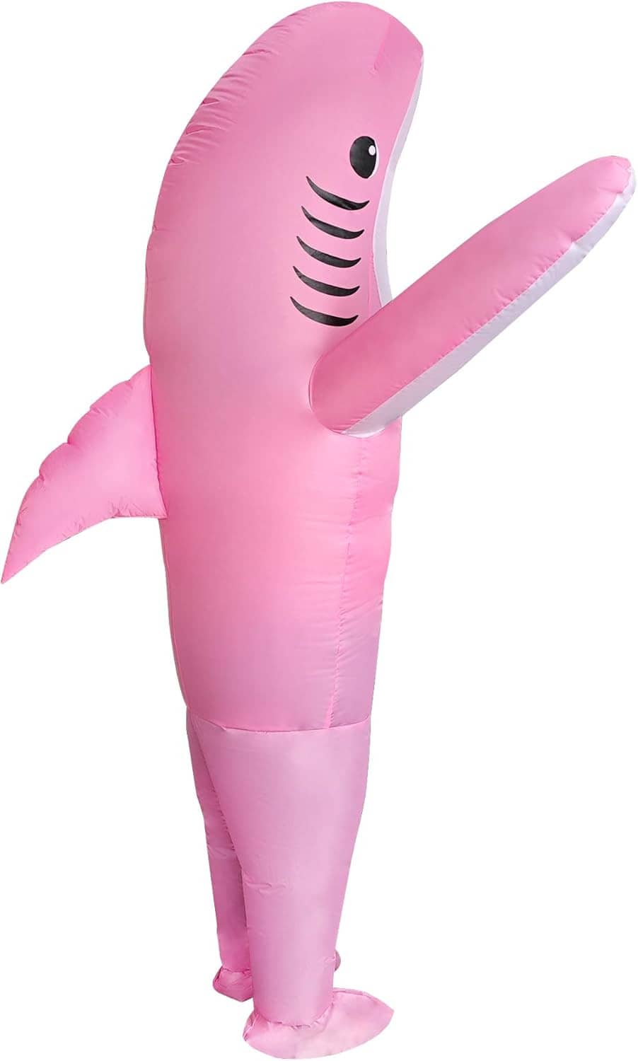 Pink inflatable shark costume with white belly and dorsal fin, standing full-length