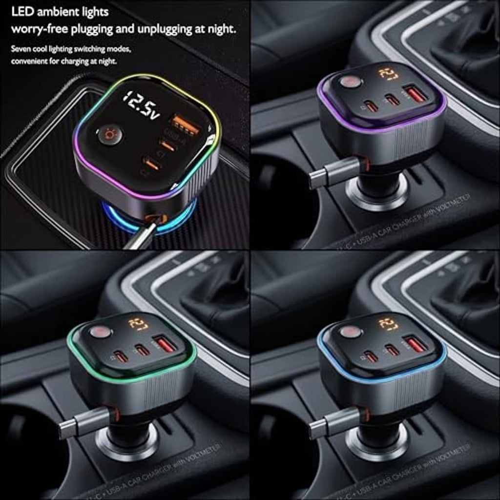 Retractable USB-C car charger with multicolor LED ring and USB ports