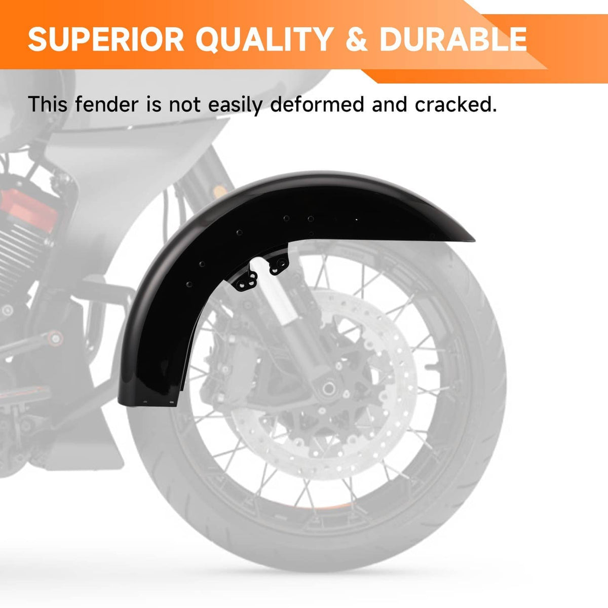 Glossy black front motorcycle fender with wheel-mount area and drilled screw holes