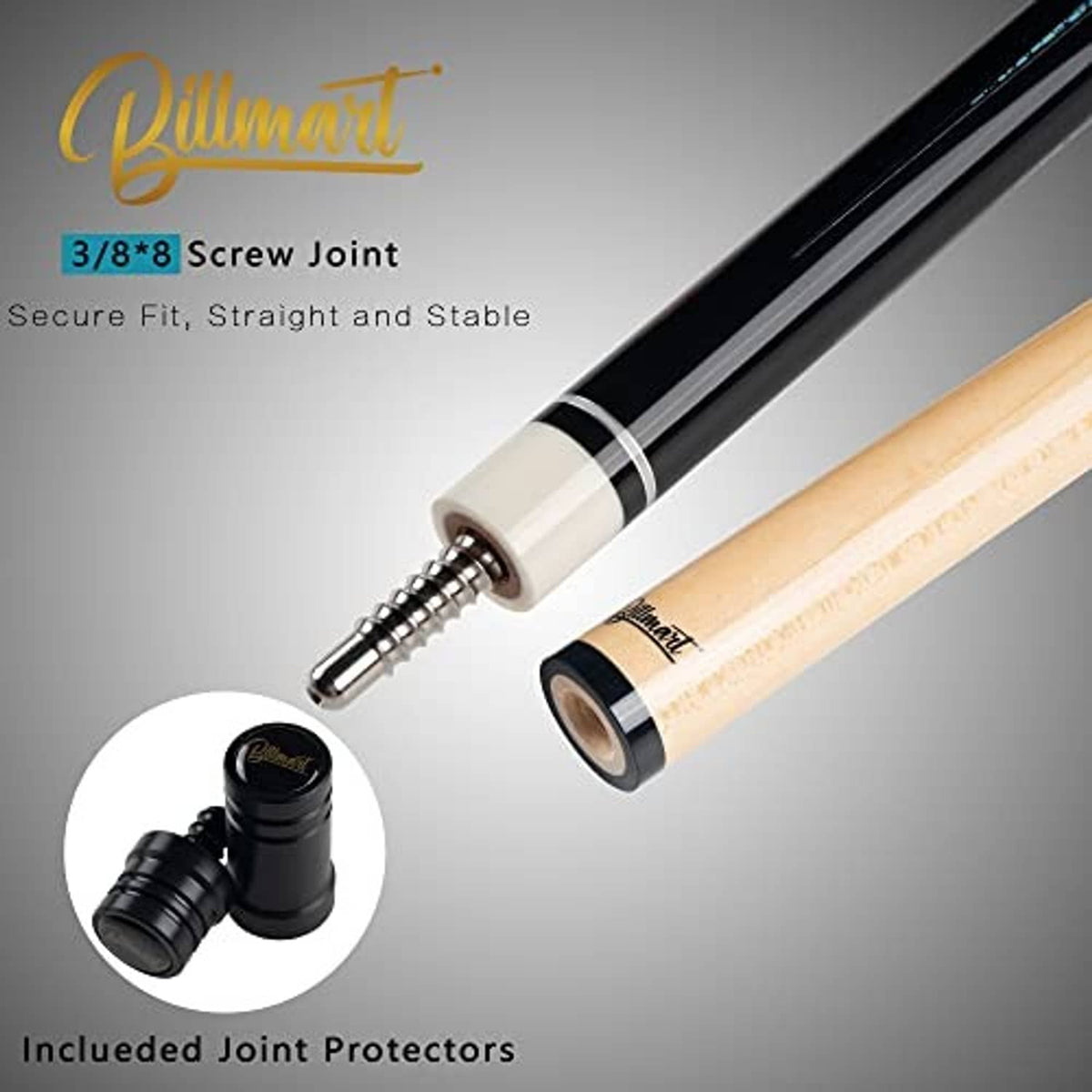 Pool cue screw joint with black shaft and light wood handle, showing threaded connection