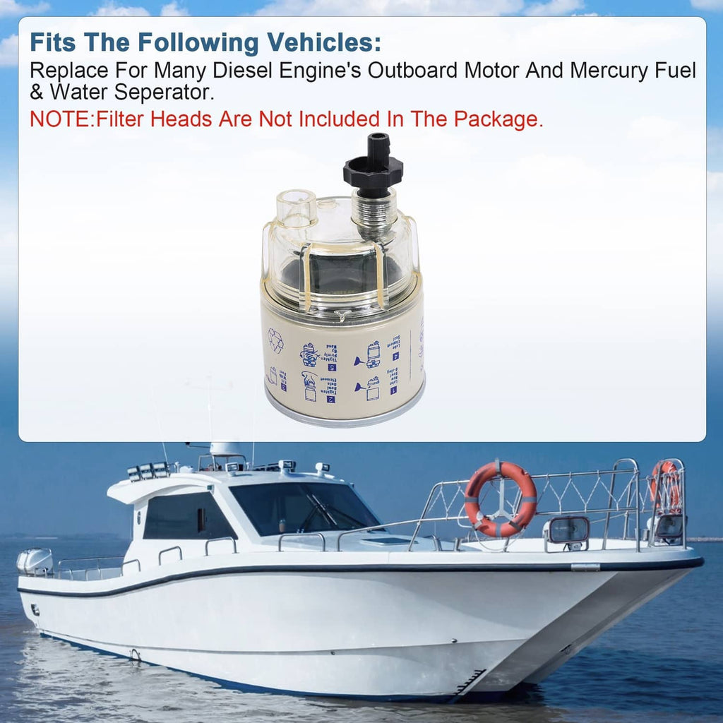 Spin-on fuel filter water separator with clear bowl, black cap, and fuel/water filter label