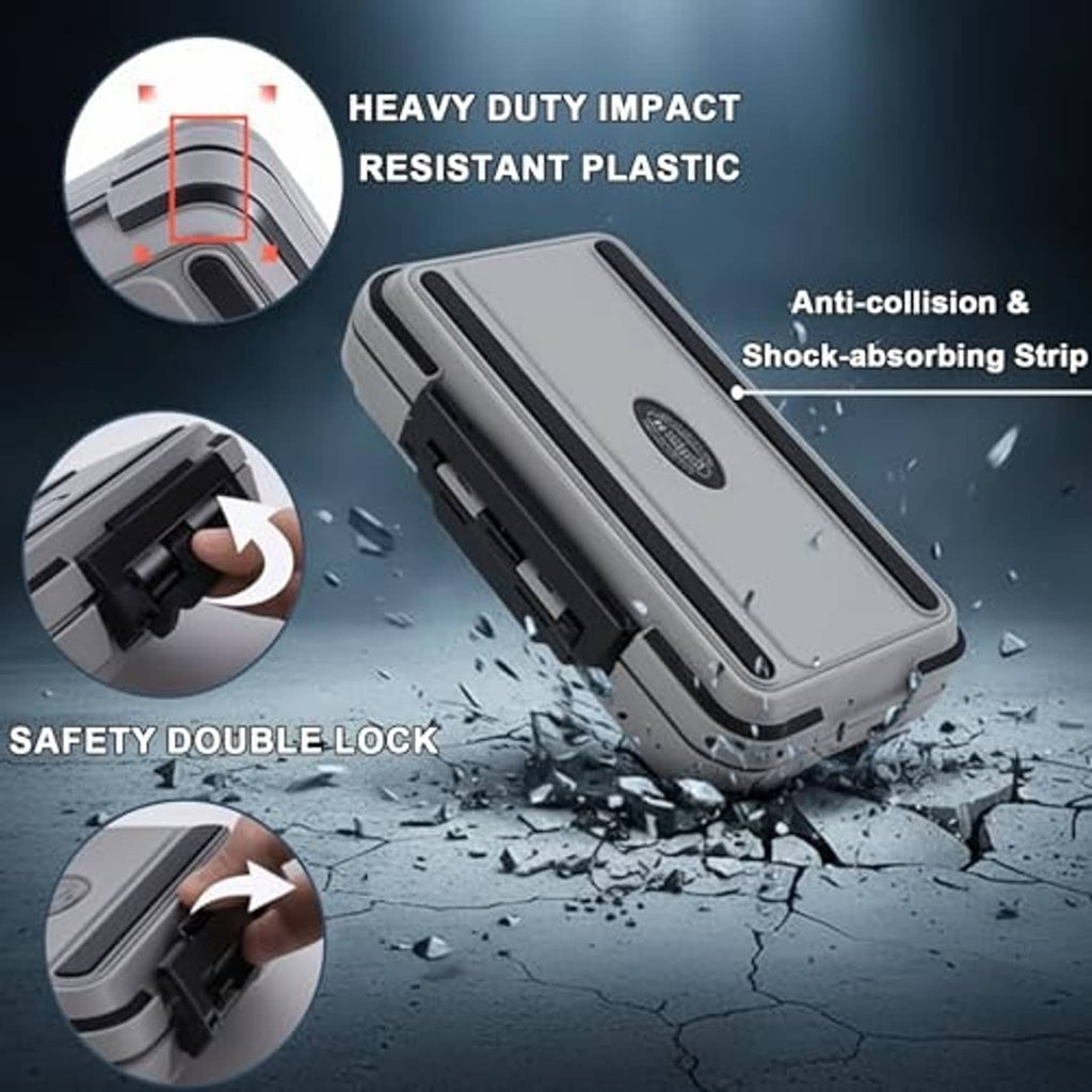 Mini tackle box with shock-absorbing strip and double-lock closure, gray with black details