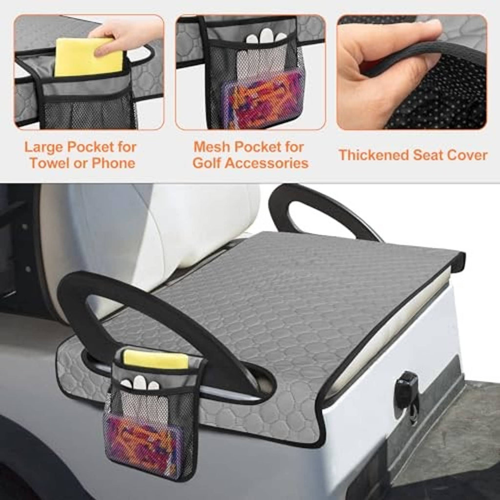 Grey golf cart seat towel blanket with front towel pocket and mesh accessory pocket