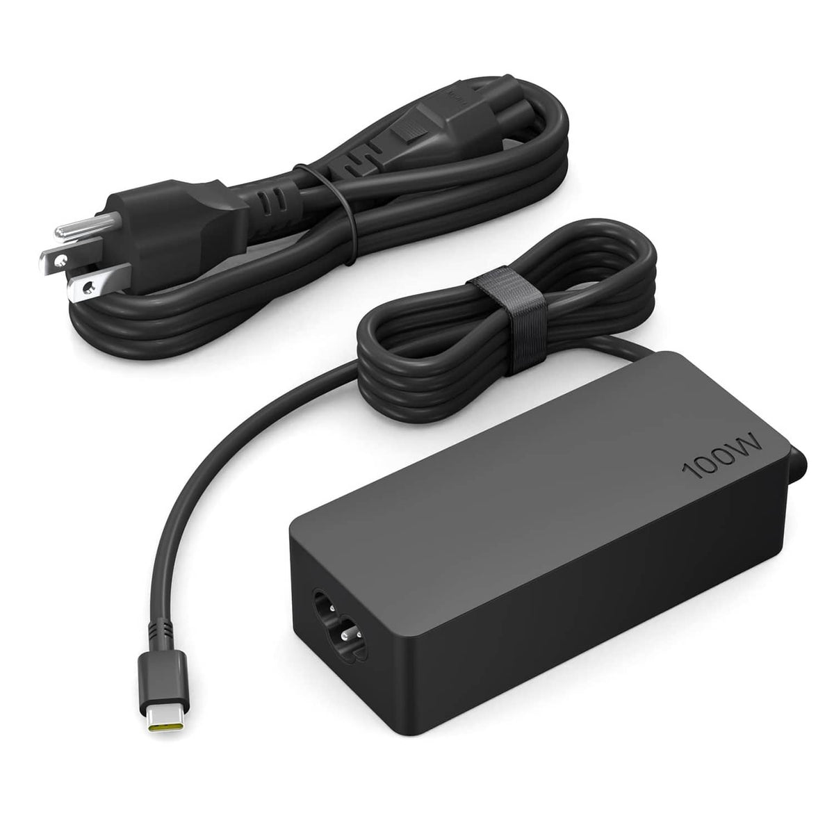 Black 100W USB-C laptop charger with attached AC power cord and cable