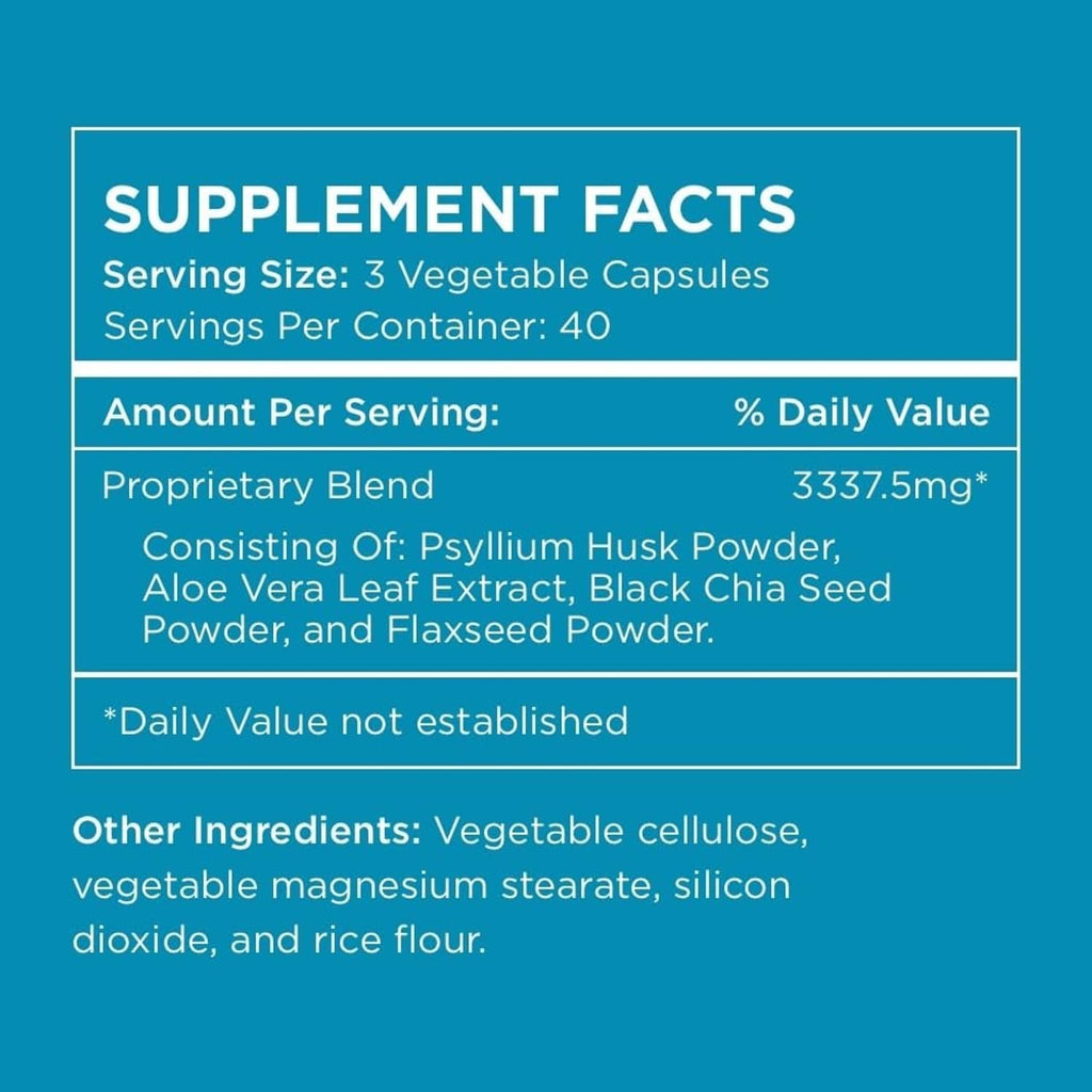 Supplement facts label for psyllium fiber blend in XL capsules, serving size 3
