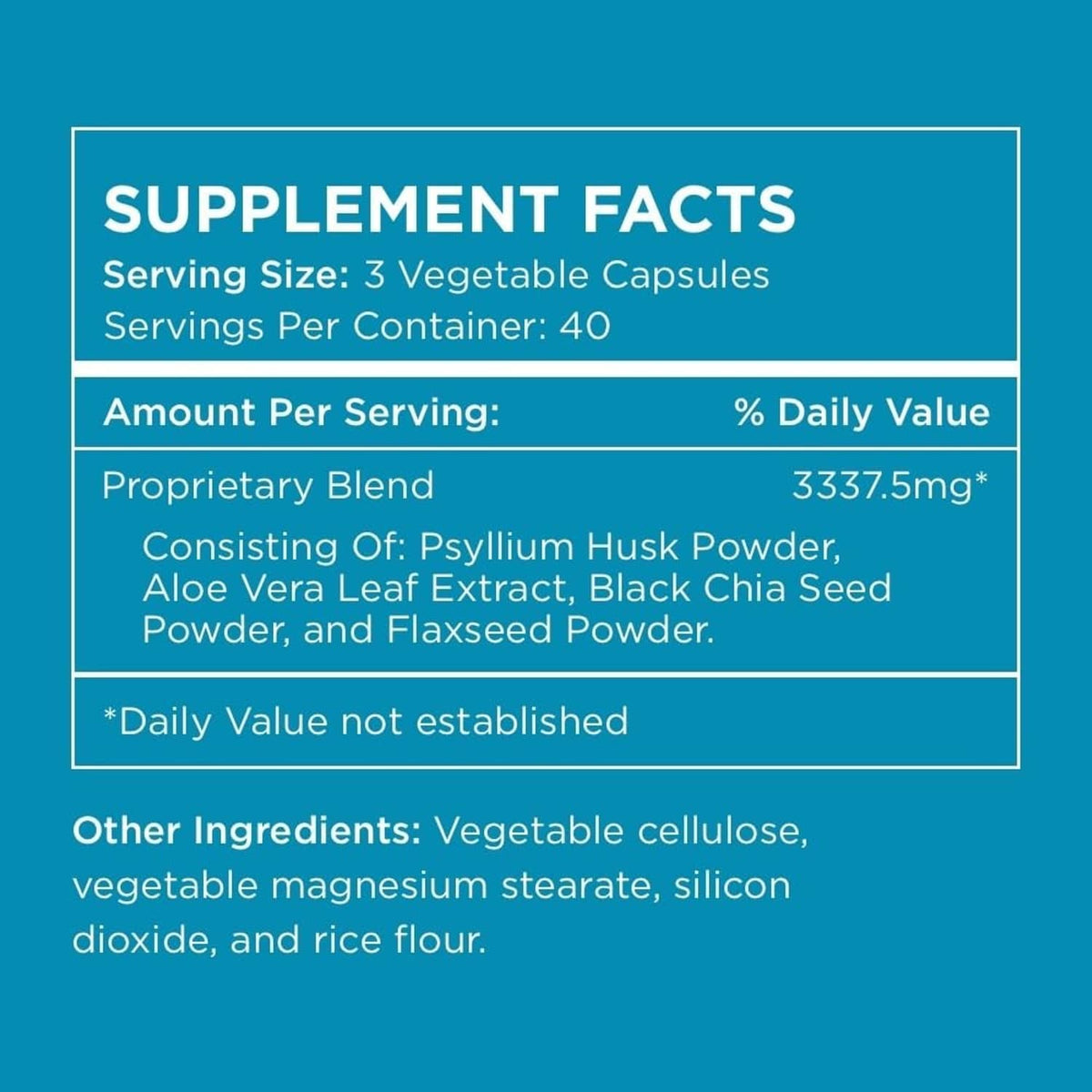 Supplement facts label for psyllium fiber blend in XL capsules, serving size 3