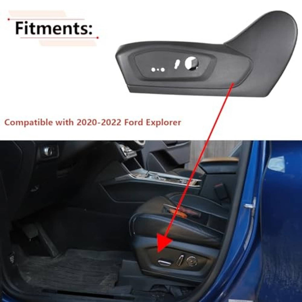 Driver side seat trim cover installed on car door panel, dark gray with control opening