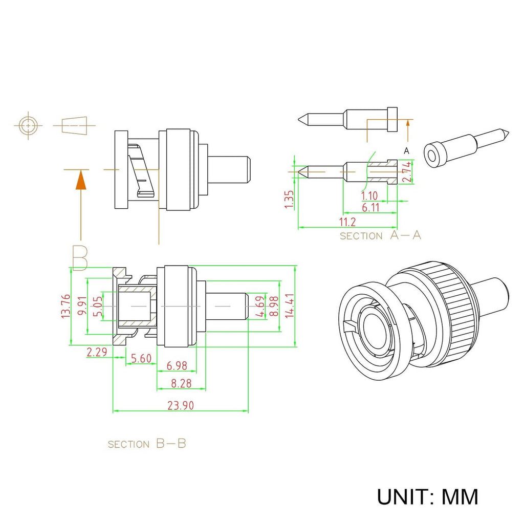 BNC male connector technical drawing with section views and measurement labels