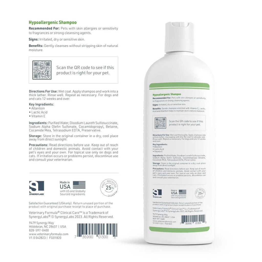 Hypoallergenic dog shampoo bottle with back label text, white bottle and green band