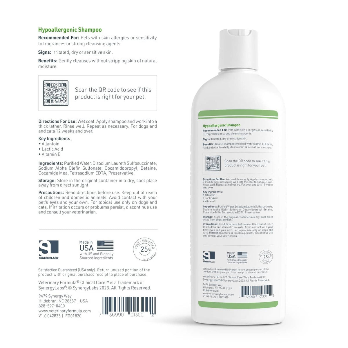 Hypoallergenic dog shampoo bottle with back label text, white bottle and green band