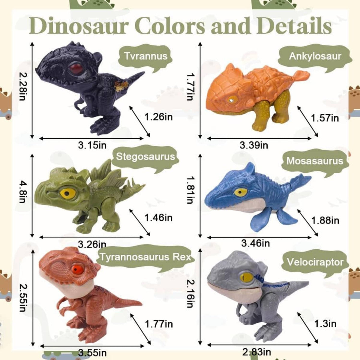 Biting finger dinosaur toy set size chart with labeled dino figures and measurements
