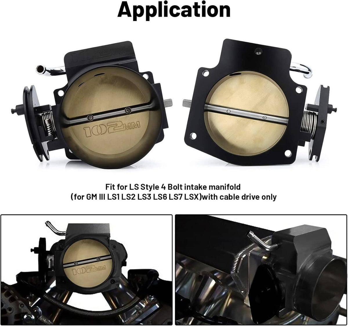 102mm throttle body pair view showing mounting bolt flange and gold intake bore