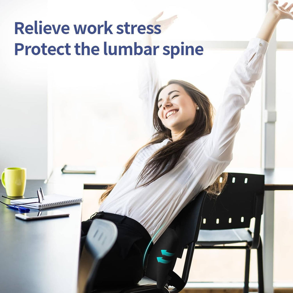 Black lumbar support pillow with teal arrows on office chair seat back