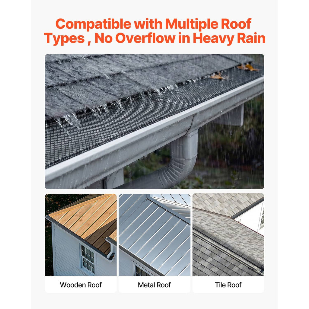 Black gutter guard mesh covering a gutter opening in heavy rain