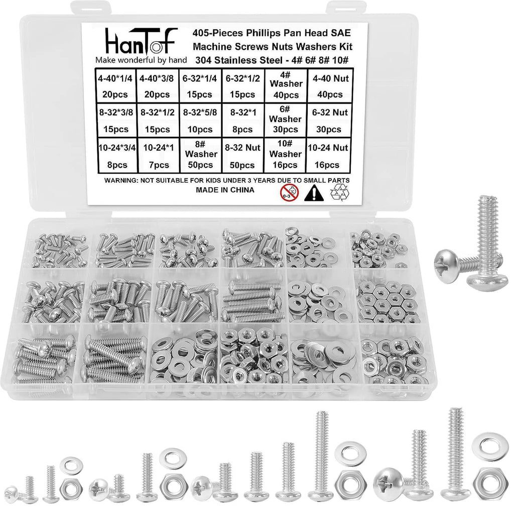 405-piece stainless steel screw, bolt and nut assortment in clear organizer tray, silver