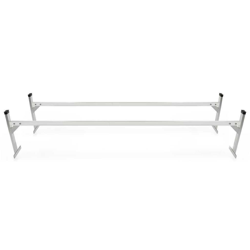 Roof mount ladder rack crossbar bracket assembly with three black end caps and bases