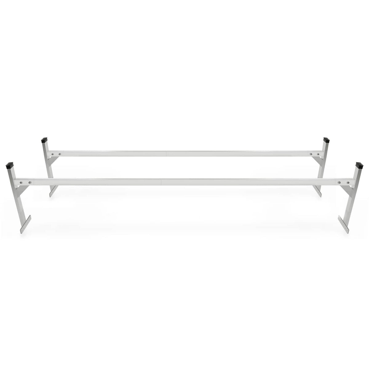 Roof mount ladder rack crossbar bracket assembly with three black end caps and bases