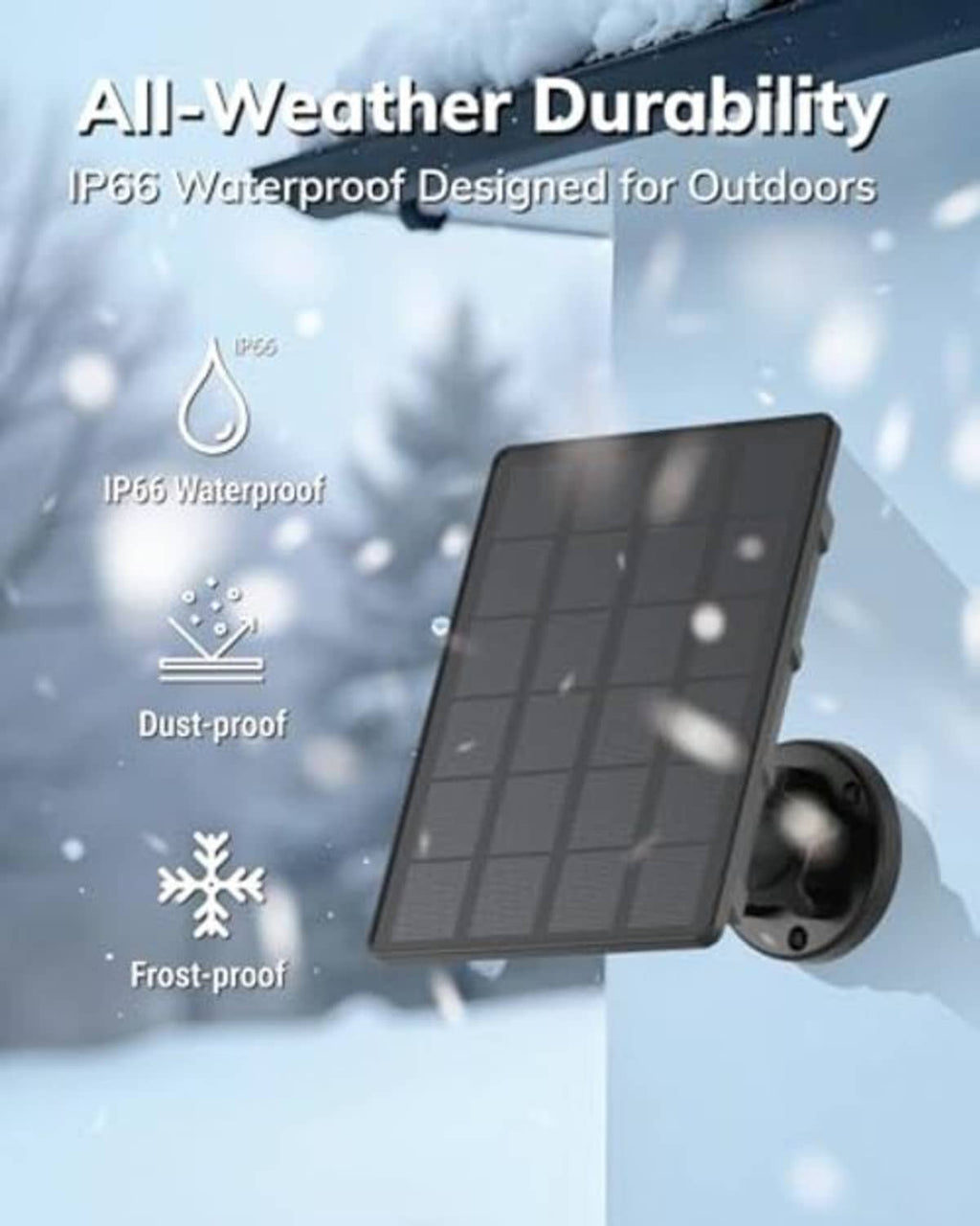Weatherproof solar panel battery with mount, dark panel attached to outdoor camera