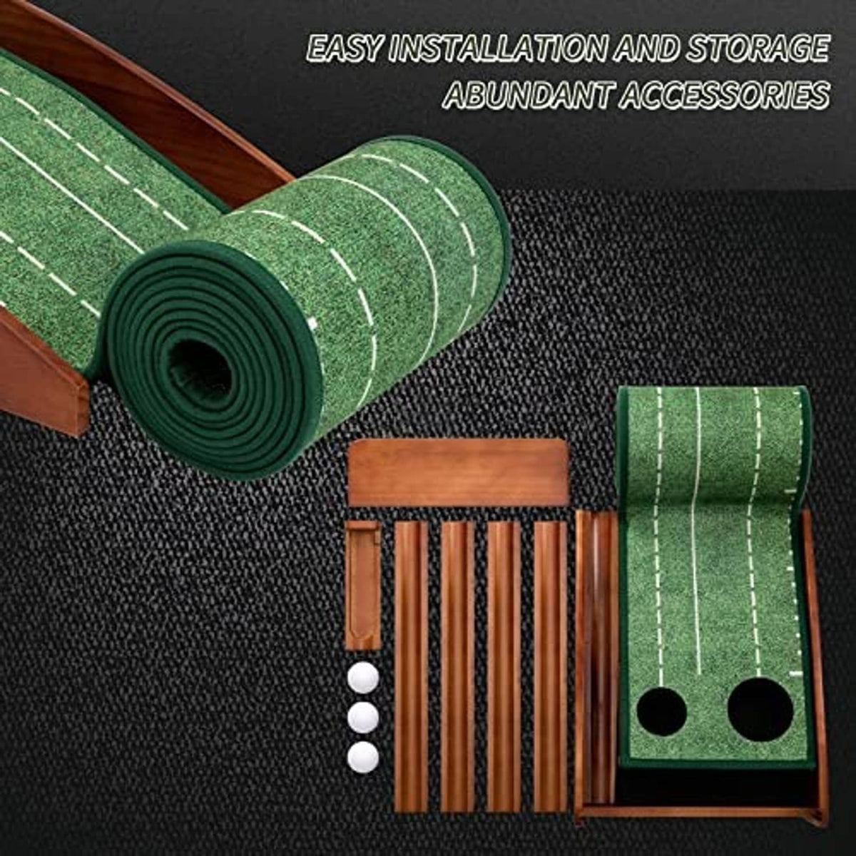 Indoor golf putting mat with two-hole section and rolled green turf practice mat