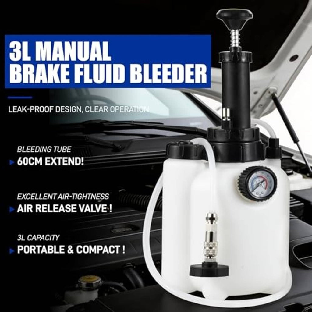 Manual brake bleeder bottle with pressure gauge, hose and black adapter base