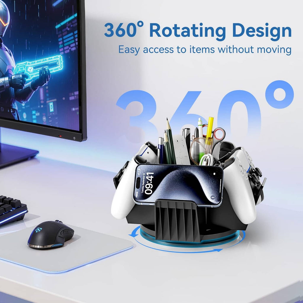 Black 360° rotatable controller organizer base with pens and accessories on a desk