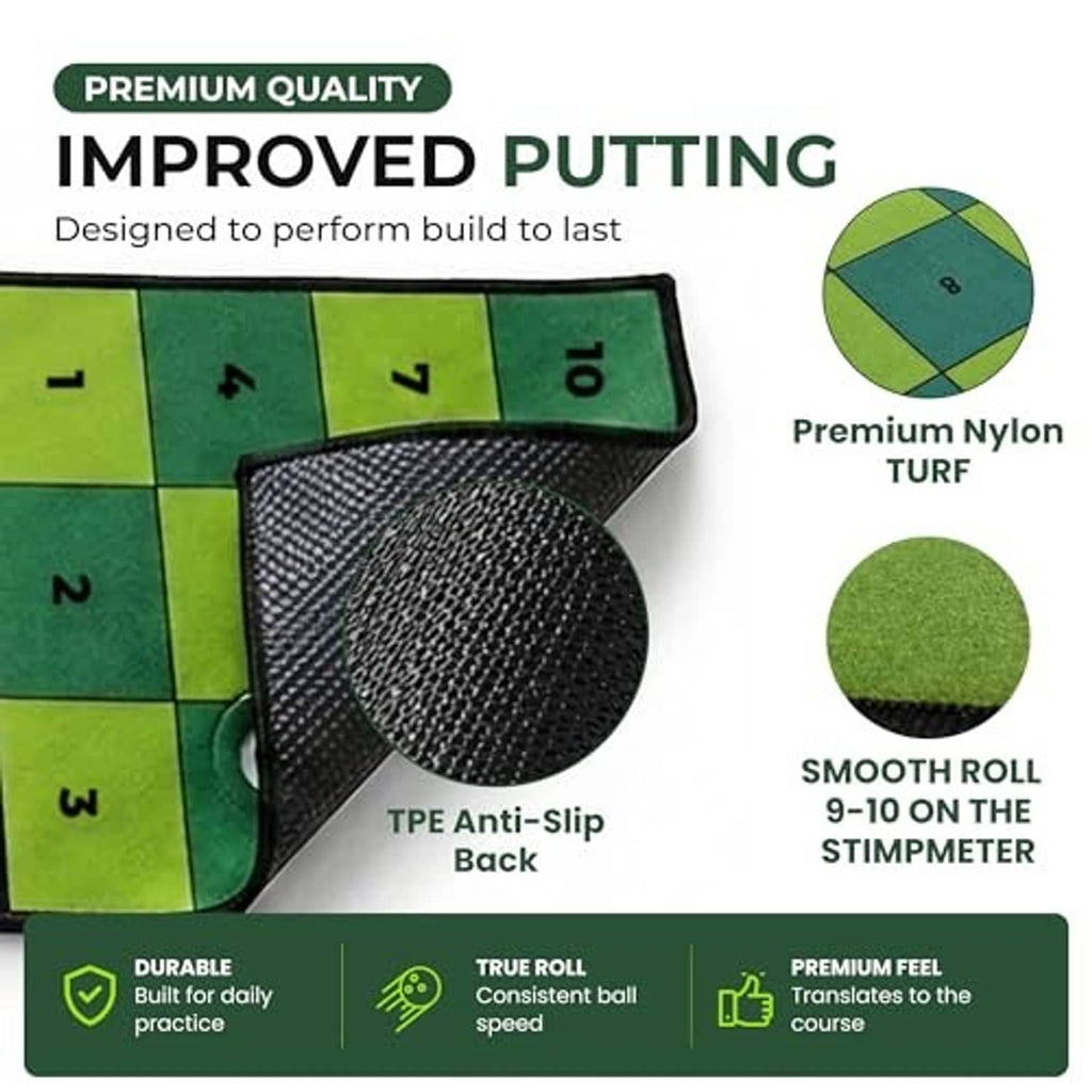 Green putting mat surface with numbered grid, smooth turf, and black anti-slip backing