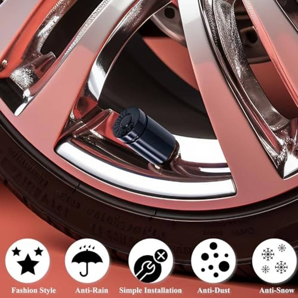 Black bullet valve stem cap installed on a wheel rim