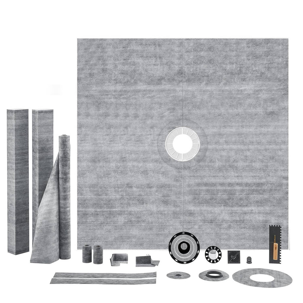 Grey shower curb kit kit parts set with central drain opening and sealing rings