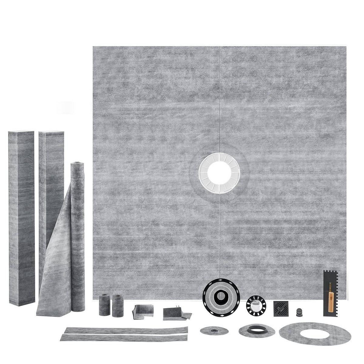 Grey shower curb kit kit parts set with central drain opening and sealing rings